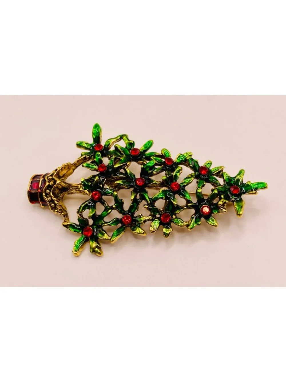 Christmas Holiday Tree Pin Brooch Green Enamel & Red Rhinestones -52B
